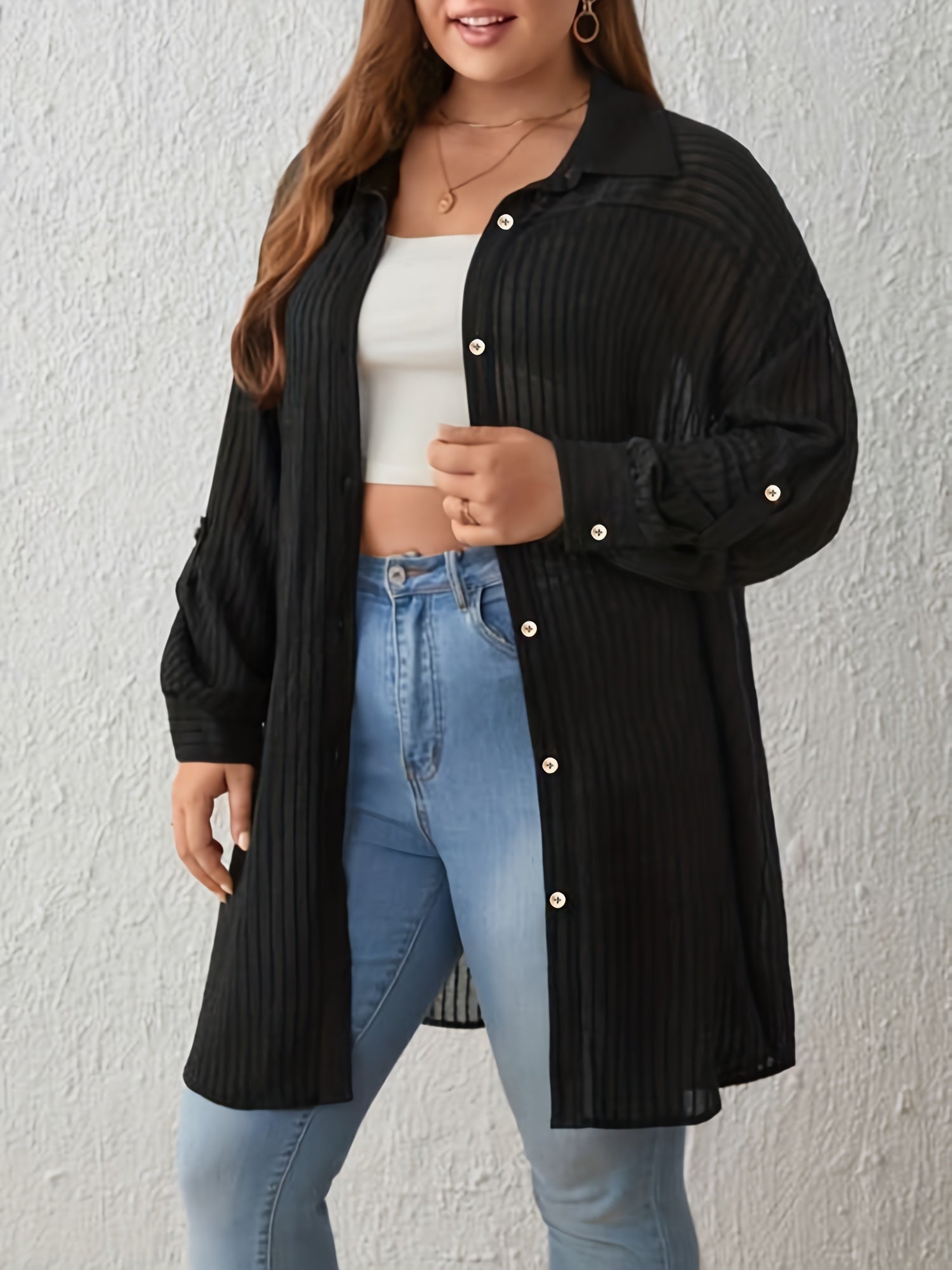 Stripe Print Long Sleeve Button Up Tunic Shirt