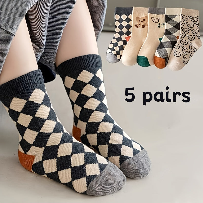5 pairs Boys Kids Bear Pattern Socks Plaid Breathable Comfy Children Socks