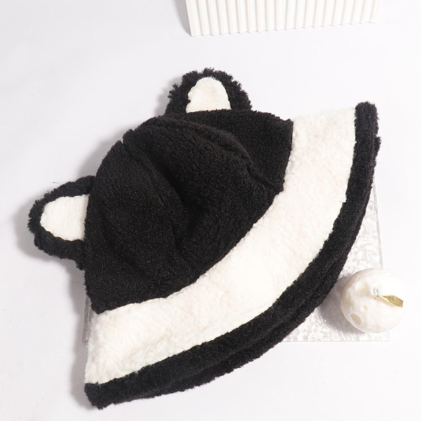 Women's Winter Furry Bucket Hat with Panda Bear Stitching