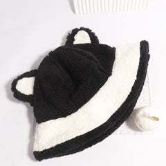 Women's Winter Furry Bucket Hat with Panda Bear Stitching