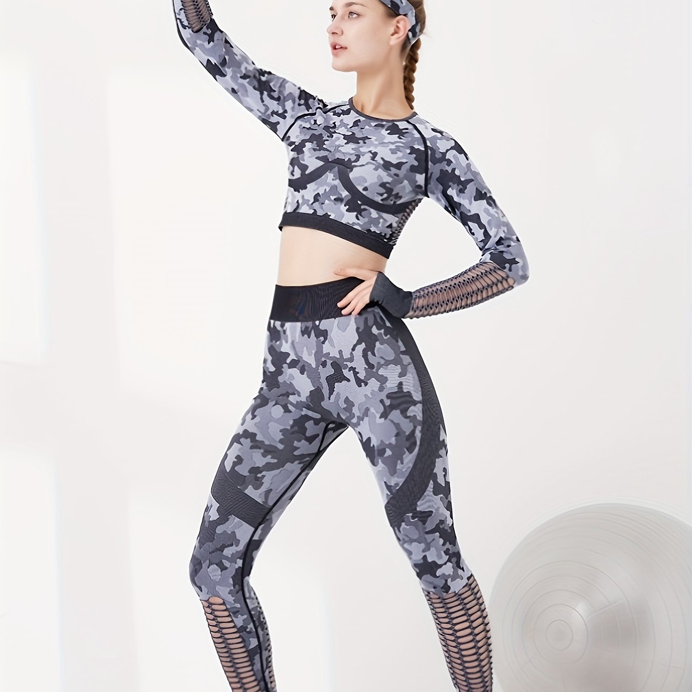Camouflage Yoga Set Long Sleeve Crop Top & Leggings