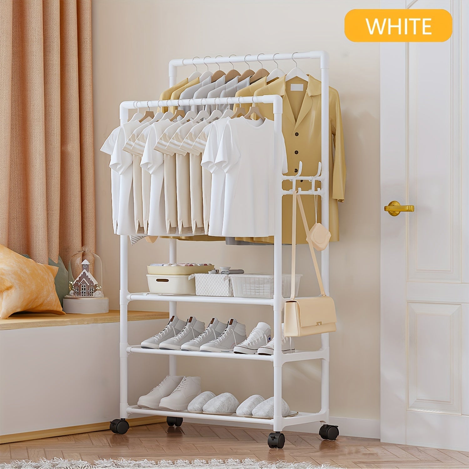 3 Layer Clothes Rack Floor Stand Hat Rack Shoe Hat Rack Movable Bag Storage Rack