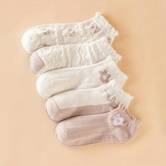 5 Pairs Floral Print Ankle Socks Ruffle Trim No Show Stockings