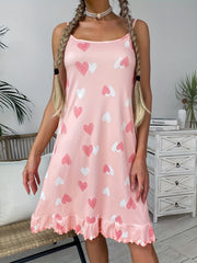 Heart Print Slip Nightdress Ruffle Sleep Dress Women's Sleepwear