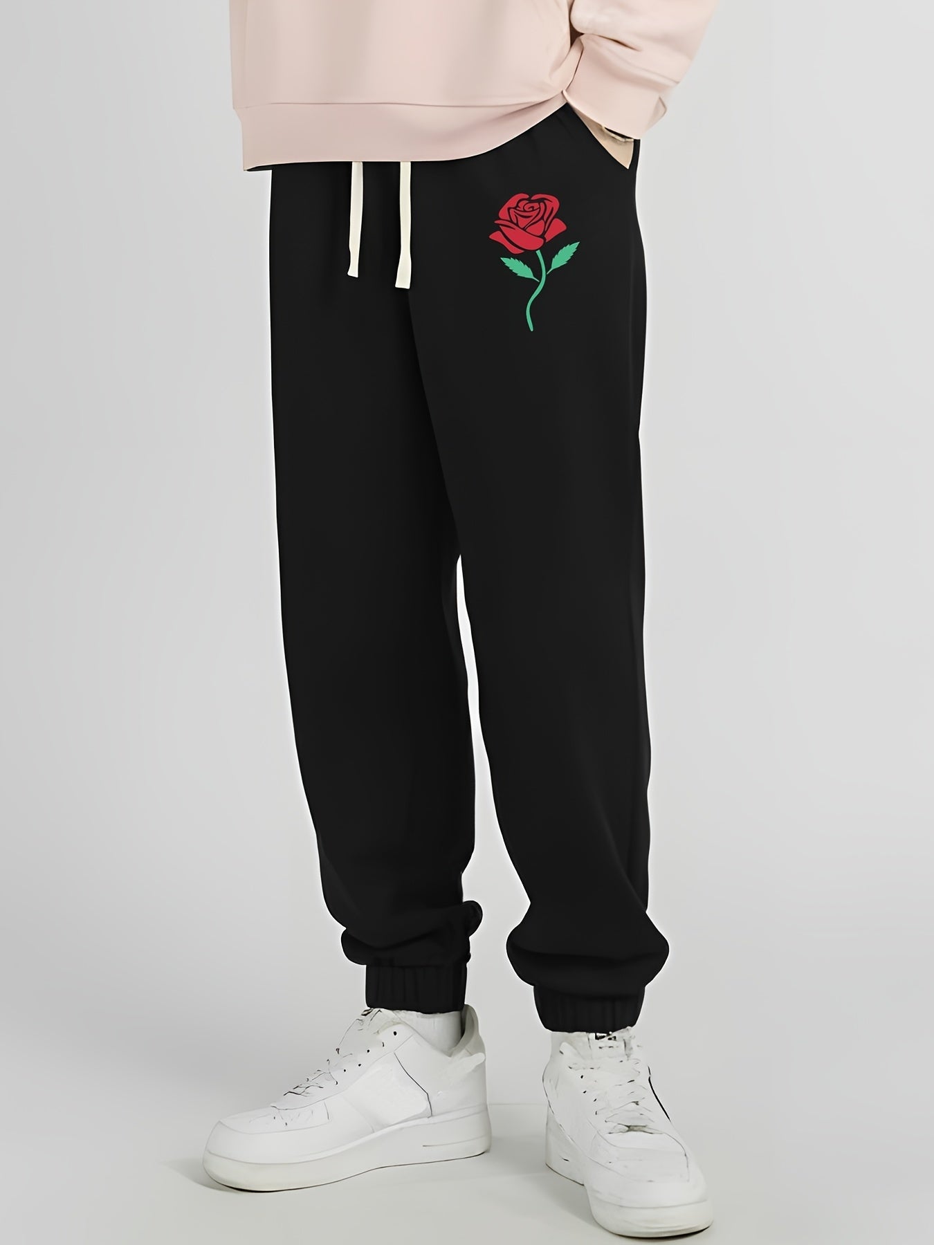 Men s Rose Print Casual Drawstring Sweatpants