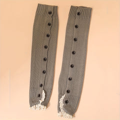 Lace Trim Leg Warmers Warm Buttons Knitted Socks