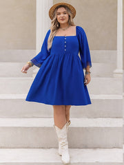 Solid Long Sleeve Square Neck Button Tie Back Dress