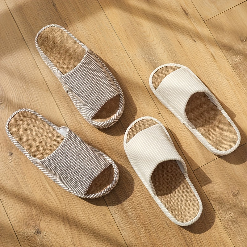 Women's Striped Flat Slippers Linen Open Toe Soft Home Shoes