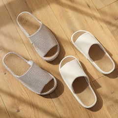 Women's Striped Flat Slippers Linen Open Toe Soft Home Shoes