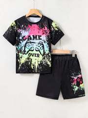 GAME OVER Boy's 2pcs T shirt & Shorts Set Gamepad Cartoon Print Casual Outfit