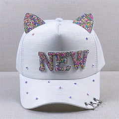 Y2K Baseball Cap Rhinestone Glitter Cat Ears Patch Dad Hats Kpop Sun Hat