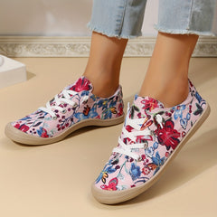 Floral Print Canvas Lace Up Flat Sneakers Women's Shoes