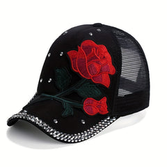 Red Rose Patch Trucker Hat Classic Embroidery Mesh Baseball Cap Rhinestone Decor