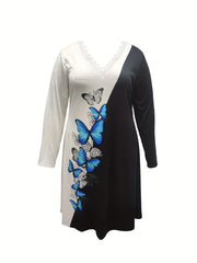 Colorblock Butterfly Print V Neck Dress