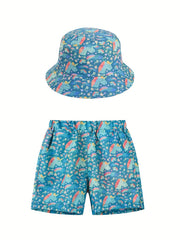 Boy's Coconut Tree Print Shorts & Sun Hat Set
