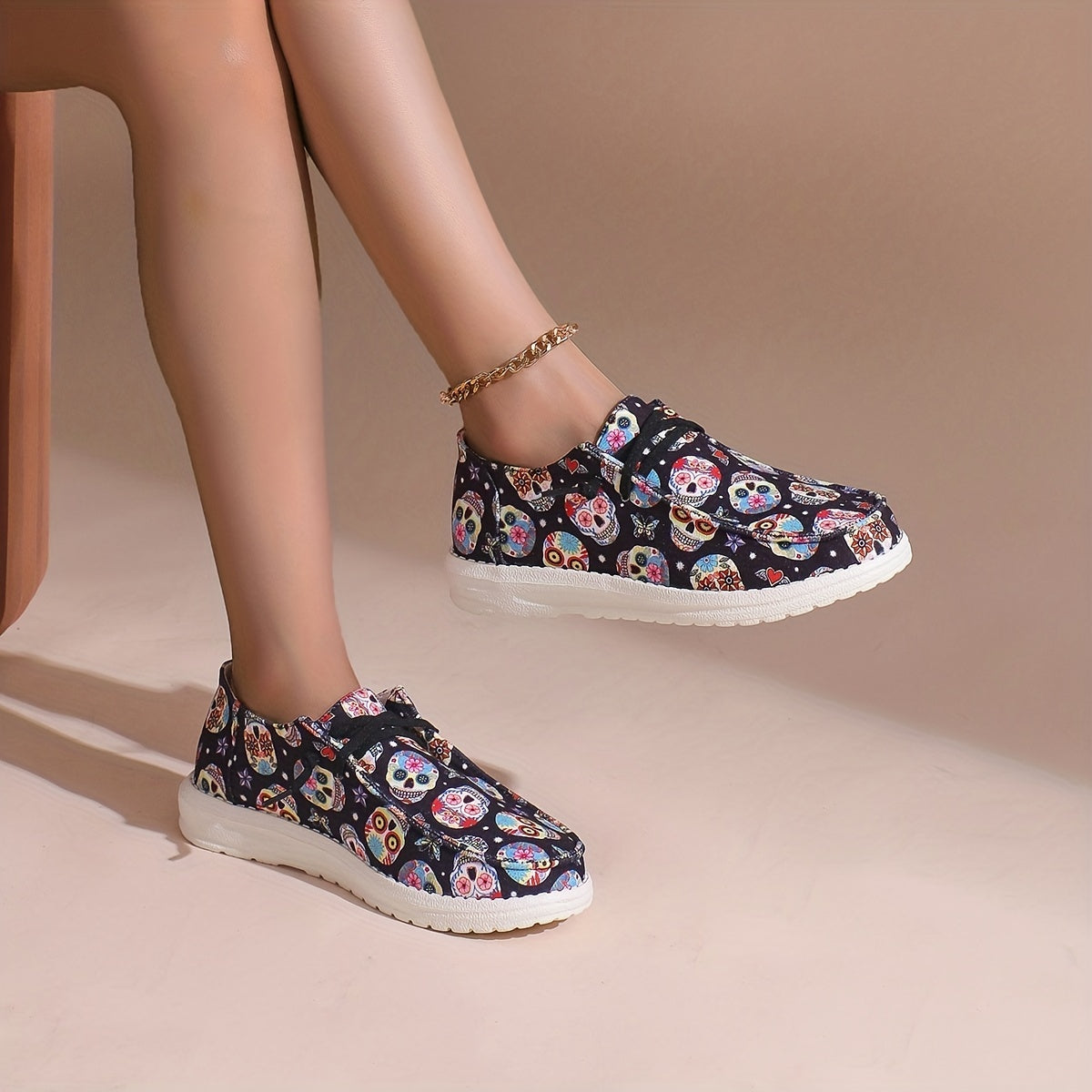 Women's Ghost Skull Halloween Style Lace Up Boat Shoes