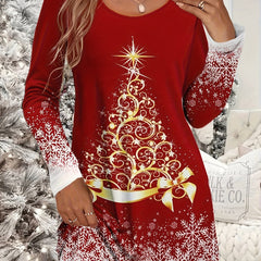 Women's Plus Glitter Christmas Tree & Snowflake Print Long Sleeve Tee Dress
