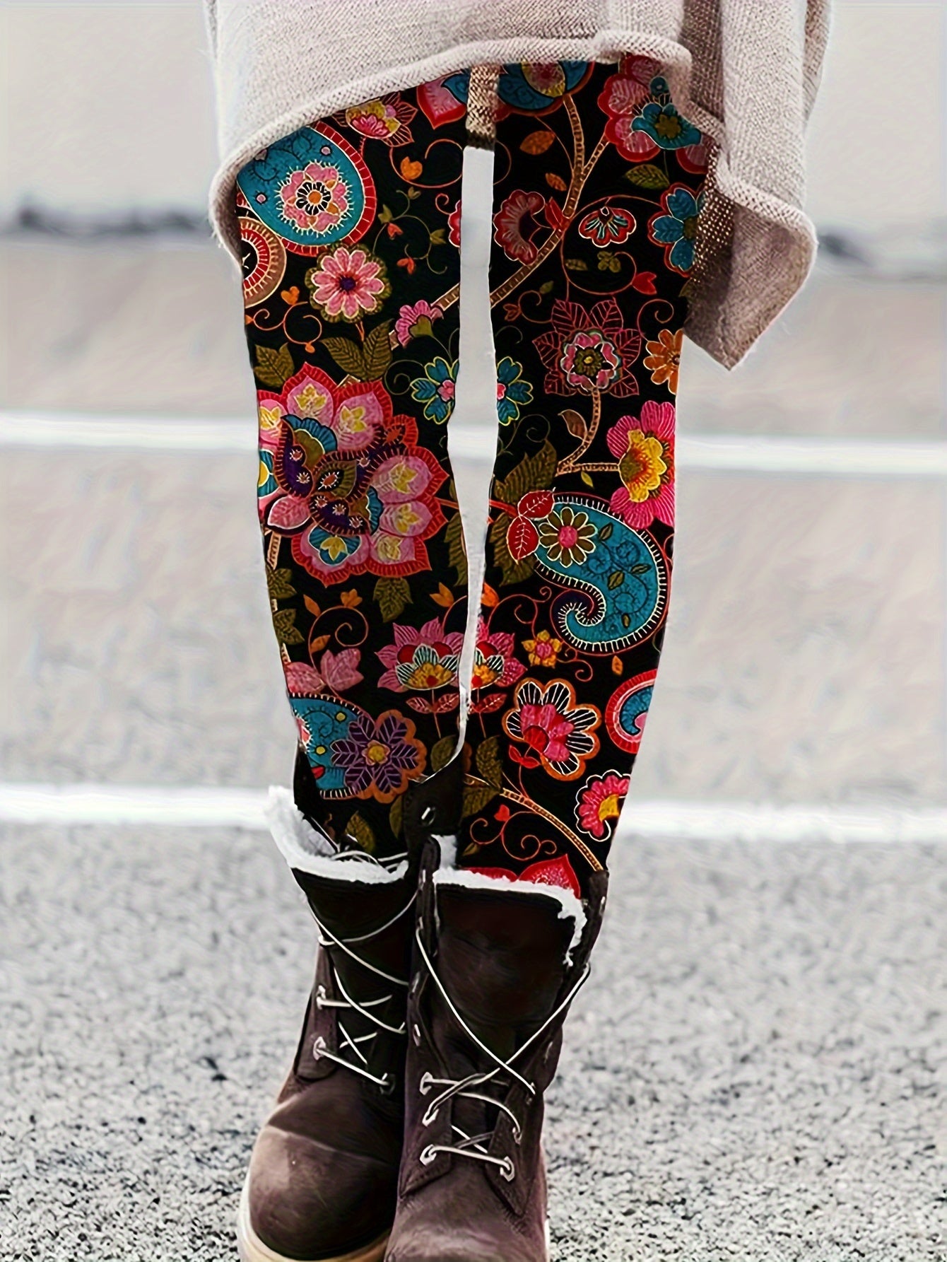 Boho Leggings Women's Plus Paisley Floral Print High Rise Leggings