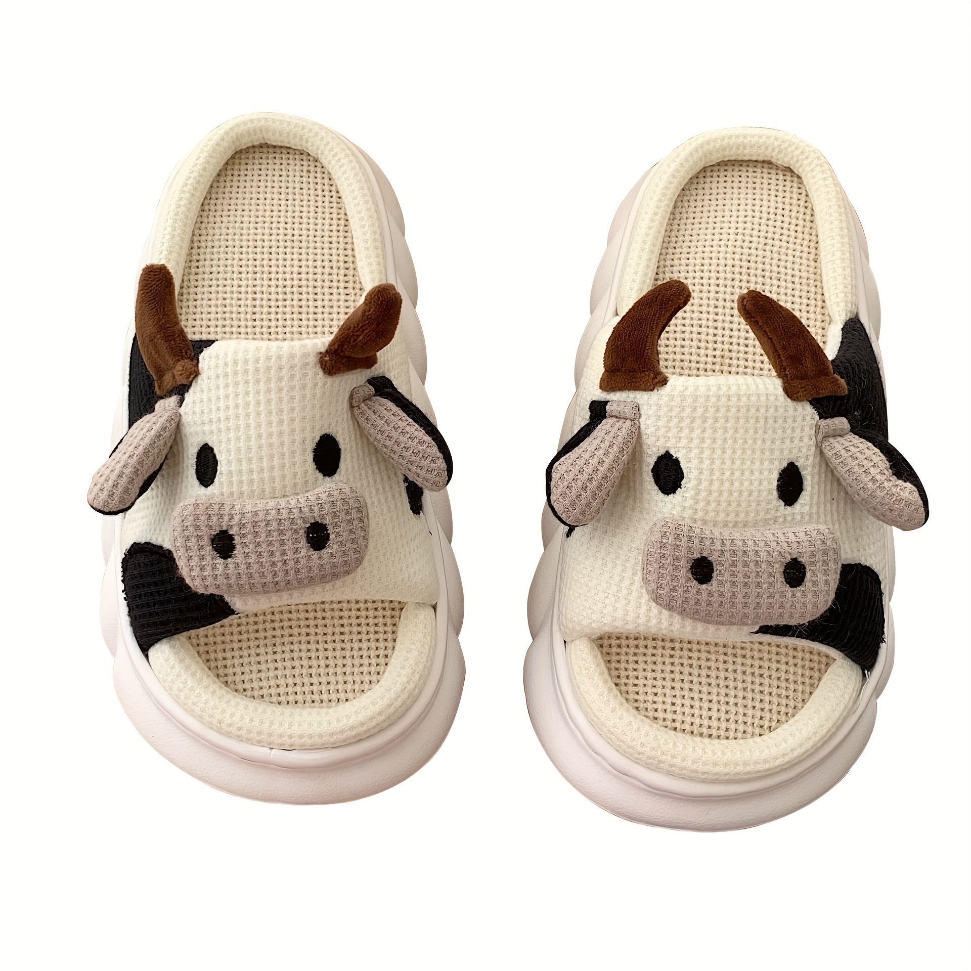 Funny Cow Slippers Open Toe Linen Slides Indoor Shoes