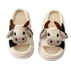 Funny Cow Slippers Open Toe Linen Slides Indoor Shoes