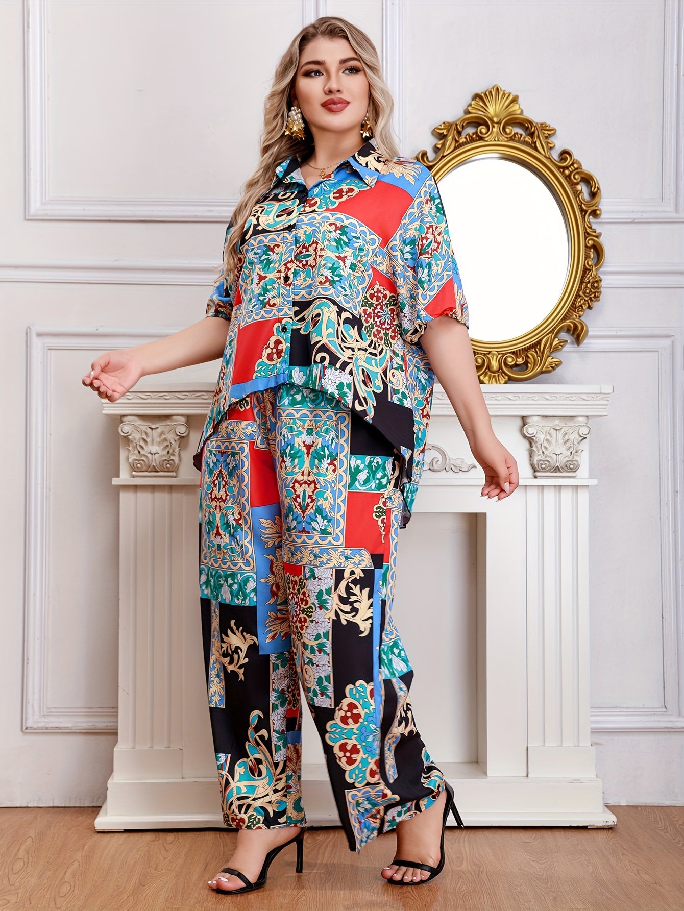 Women's Plus Scarf Print Half Sleeve Shirt & Loose Pants Set