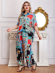 Women's Plus Scarf Print Half Sleeve Shirt & Loose Pants Set