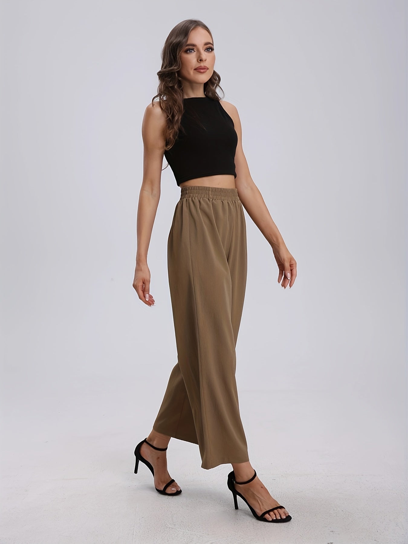 Casual Sleeveless V Neck Crop Top & Wide Leg Pants 2 Piece Set