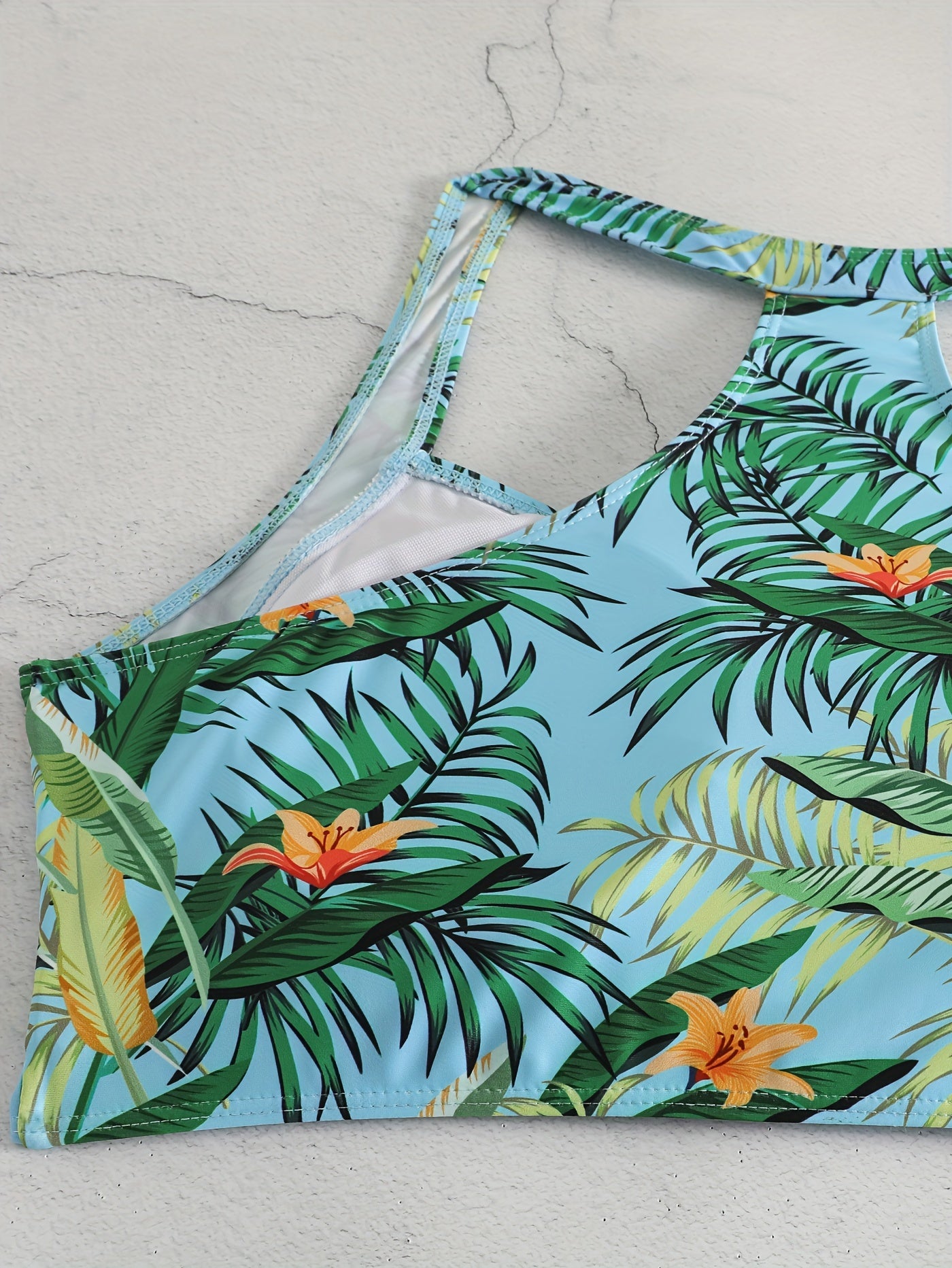 Tropical Print Bikini Set: Cross Front Racer Back Bra & Panty