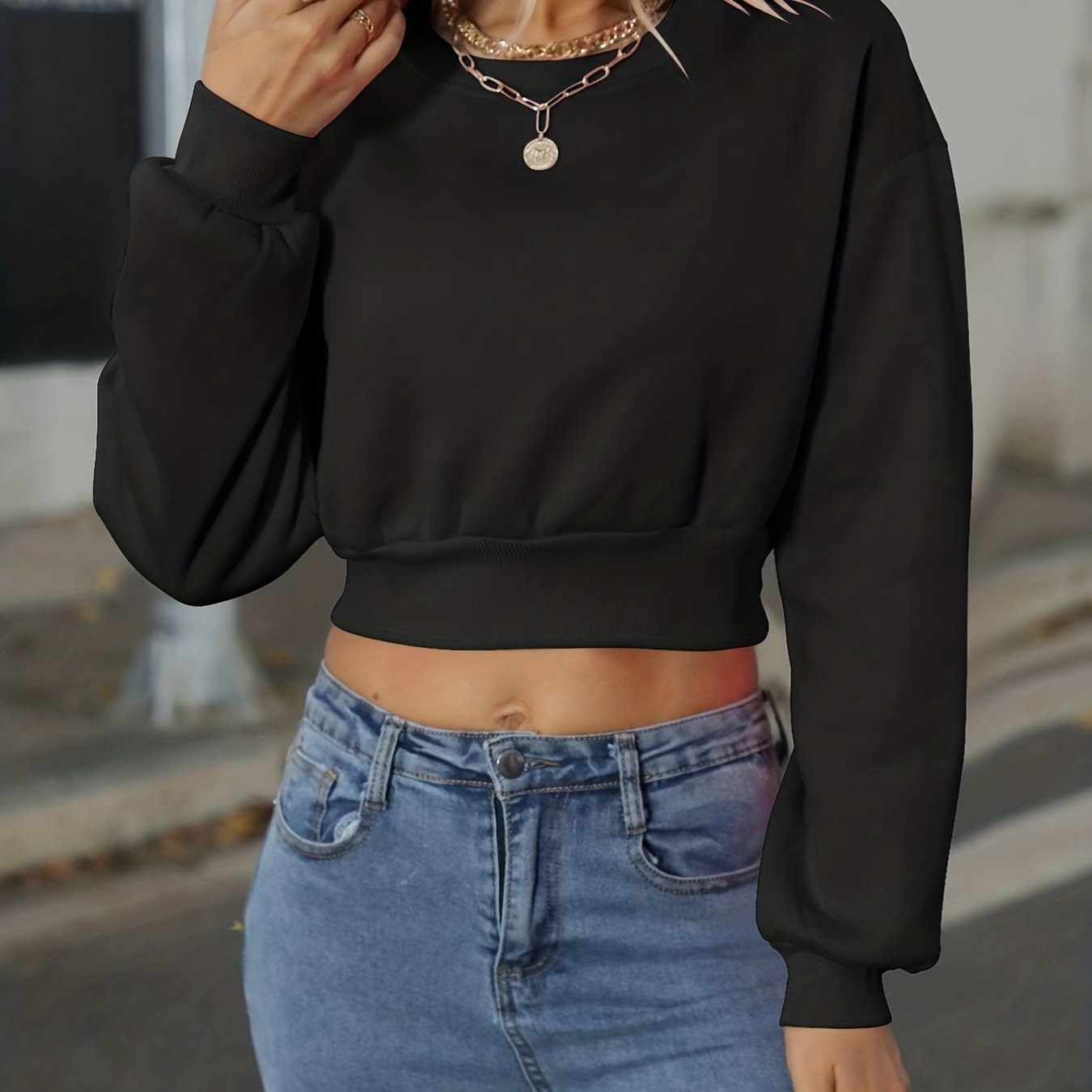 Casual Solid Crop Pullover Sweatshirt for Women