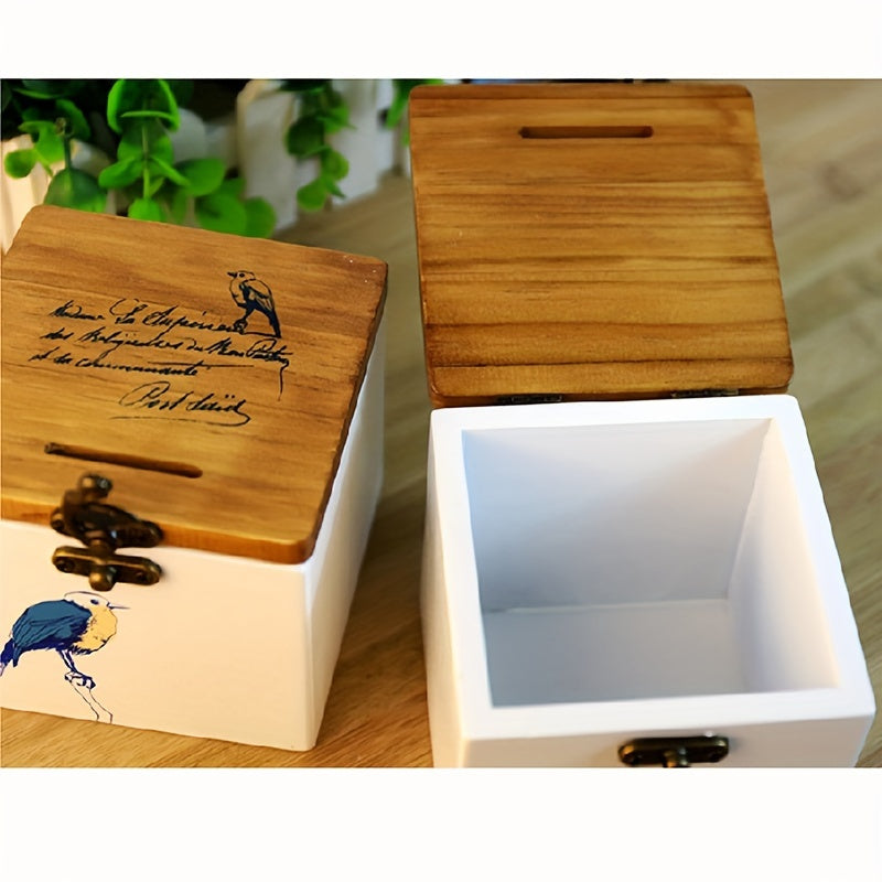 Wooden Bird Pattern Piggy Bank Storage Box Gift
