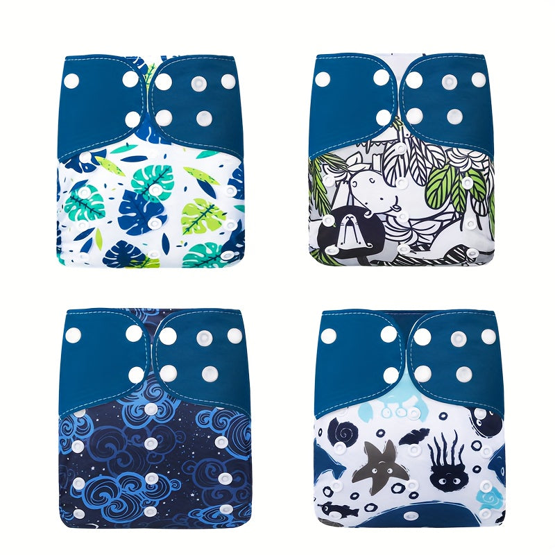 4pcs Washable Cloth Diapers For Boys Girls Adjustable Nappy with Inserts