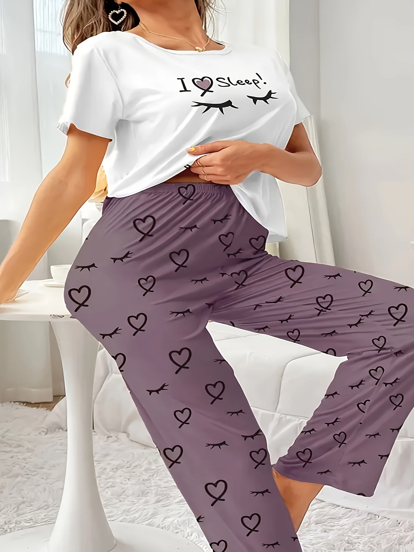Eyelash & Heart Print Tee & Pants Pajama Set