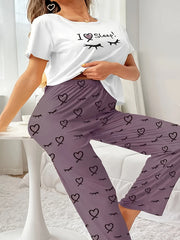 Eyelash & Heart Print Tee & Pants Pajama Set