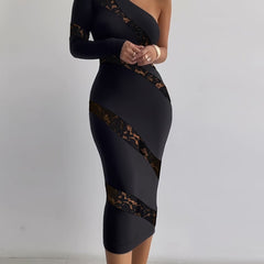 One Shoulder Lace Asymmetrical Dress Women's Clothing