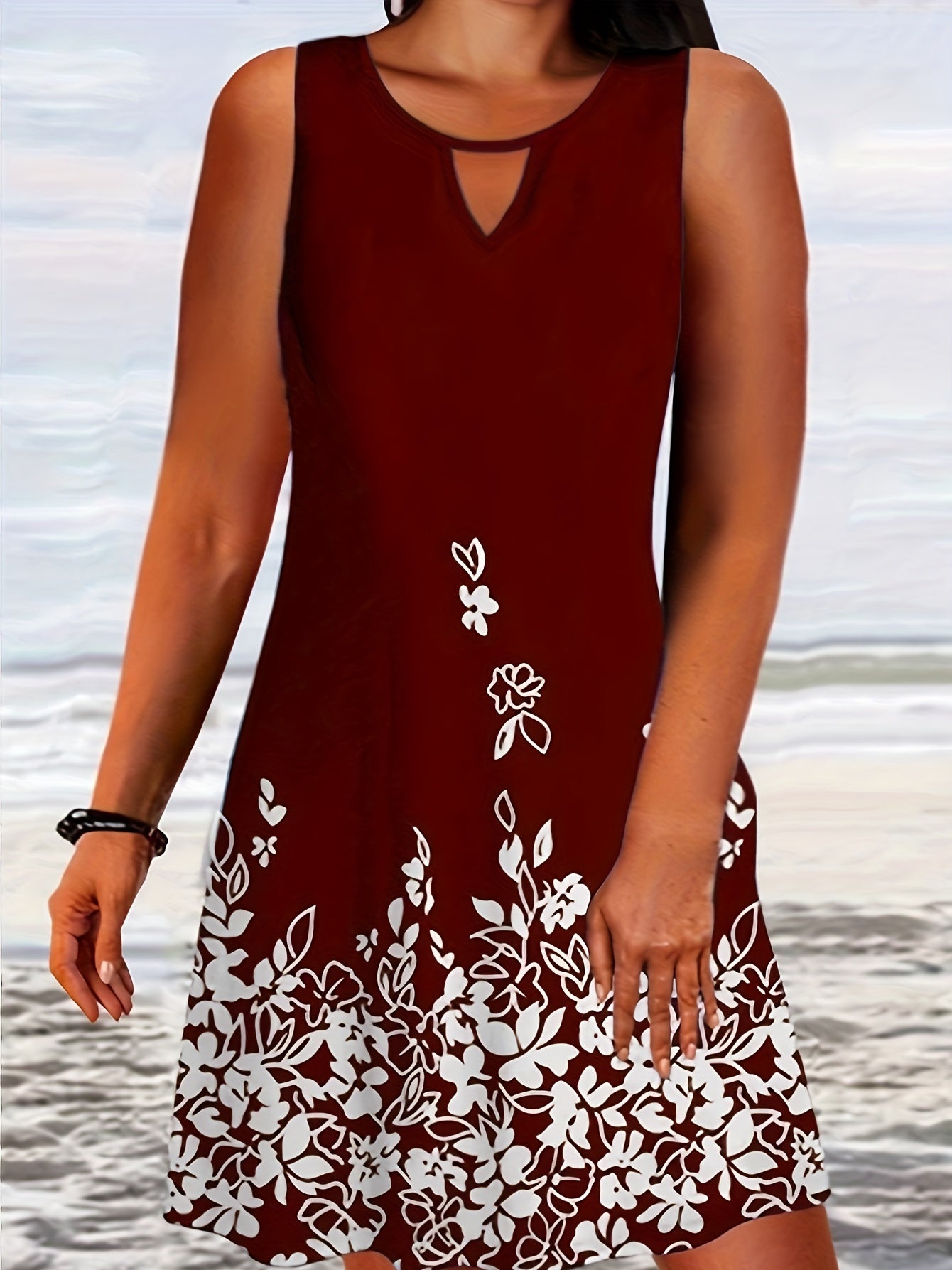 Floral Print Round Neck Cut Out Tank Dress
