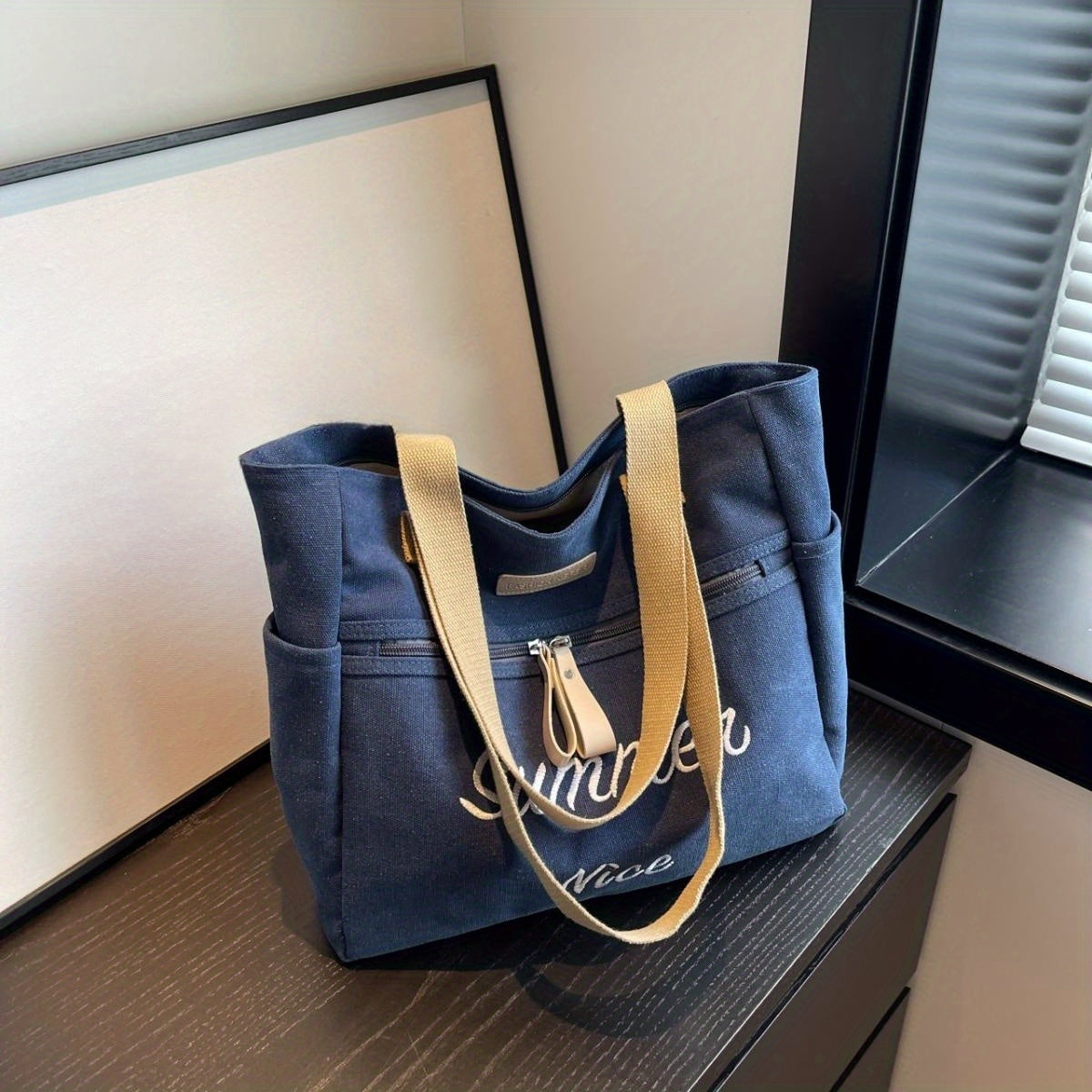 Vintage Letter Embroidered Tote Bag Retro Canvas Shoulder Bag Women's Casual