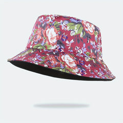 Red Floral Print Bucket Hat Reversible Boho Basin Hat Casual Sunshade Cap