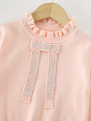 Girls Bow Front Flounce Cuffs Long Sleeve Sweater Top
