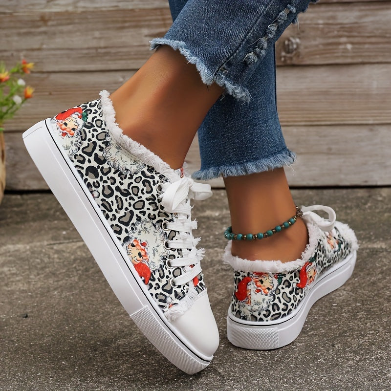 Christmas Cartoon & Leopard Pattern Skate Shoes Low Top Sneakers