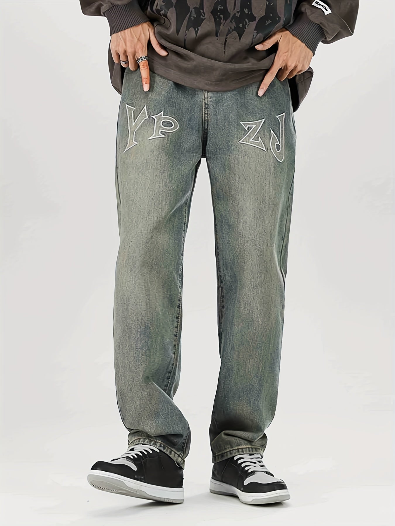 Men's Loose Fit Letter Print Jeans Casual Street Style Denim Pants