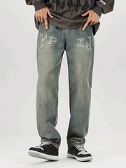 Men's Loose Fit Letter Print Jeans Casual Street Style Denim Pants