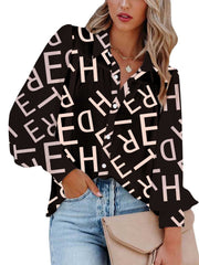 Casual Blouse Women's Plus Letter Print Button Up Long Sleeve