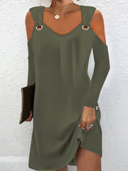 Solid Grommet Cold Shoulder Long Sleeve Dress