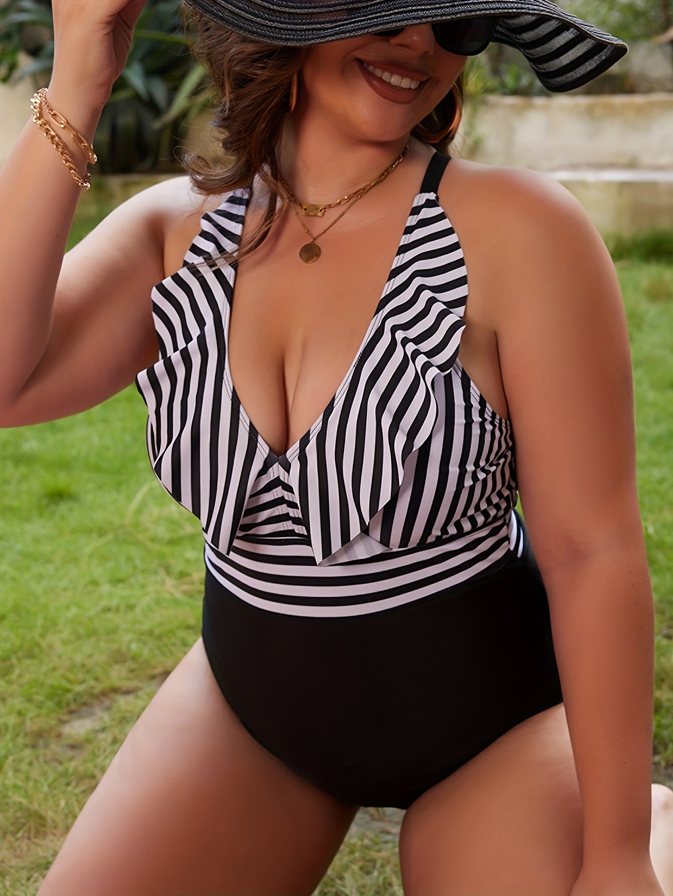 Stripe Print Ruffle Trim One Piece Swimsuit