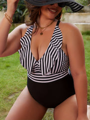 Stripe Print Ruffle Trim One Piece Swimsuit