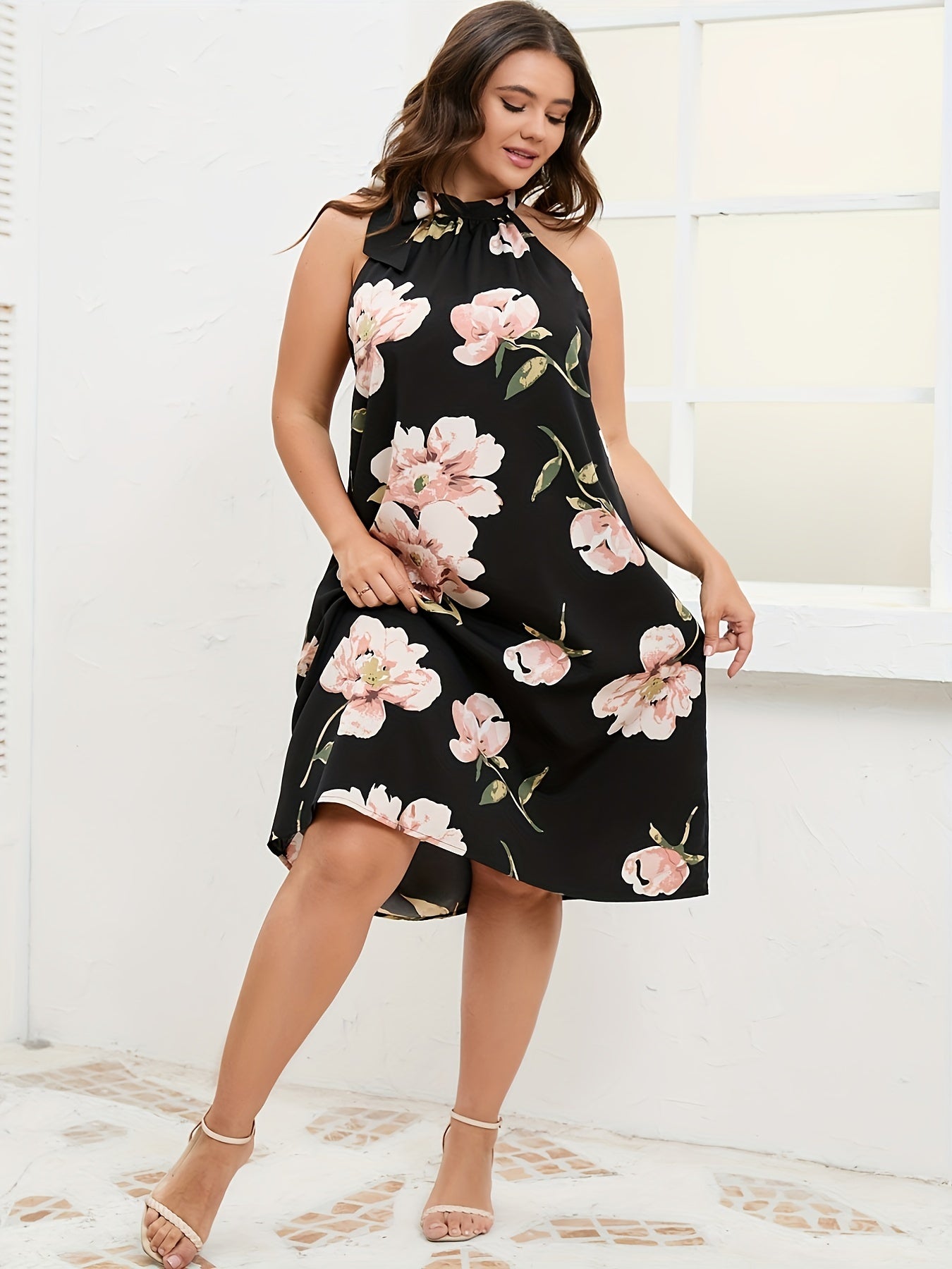 Floral Print Halter Neck Knot Cami Dress