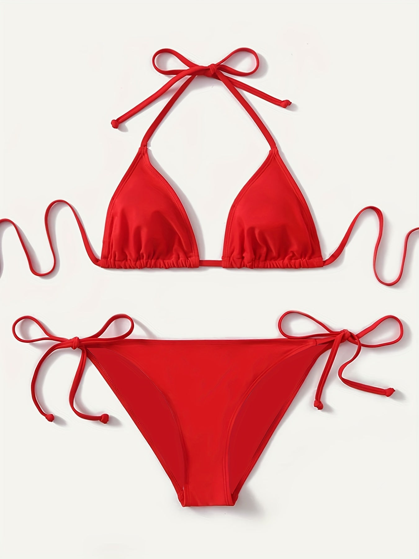 Solid Red Halter Tie Side 2 Piece Set Bikini Triangle Tie Back Sexy Swimsuit