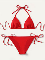 Solid Red Halter Tie Side 2 Piece Set Bikini Triangle Tie Back Sexy Swimsuit