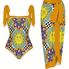 Graphic Print Tie Shoulder Swimsuit Set