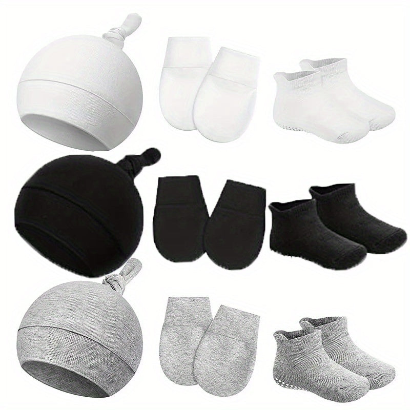 3pc Newborn Baby Hat & Mittens & Socks Soft Cotton Beanie Knot For 0-6 Months